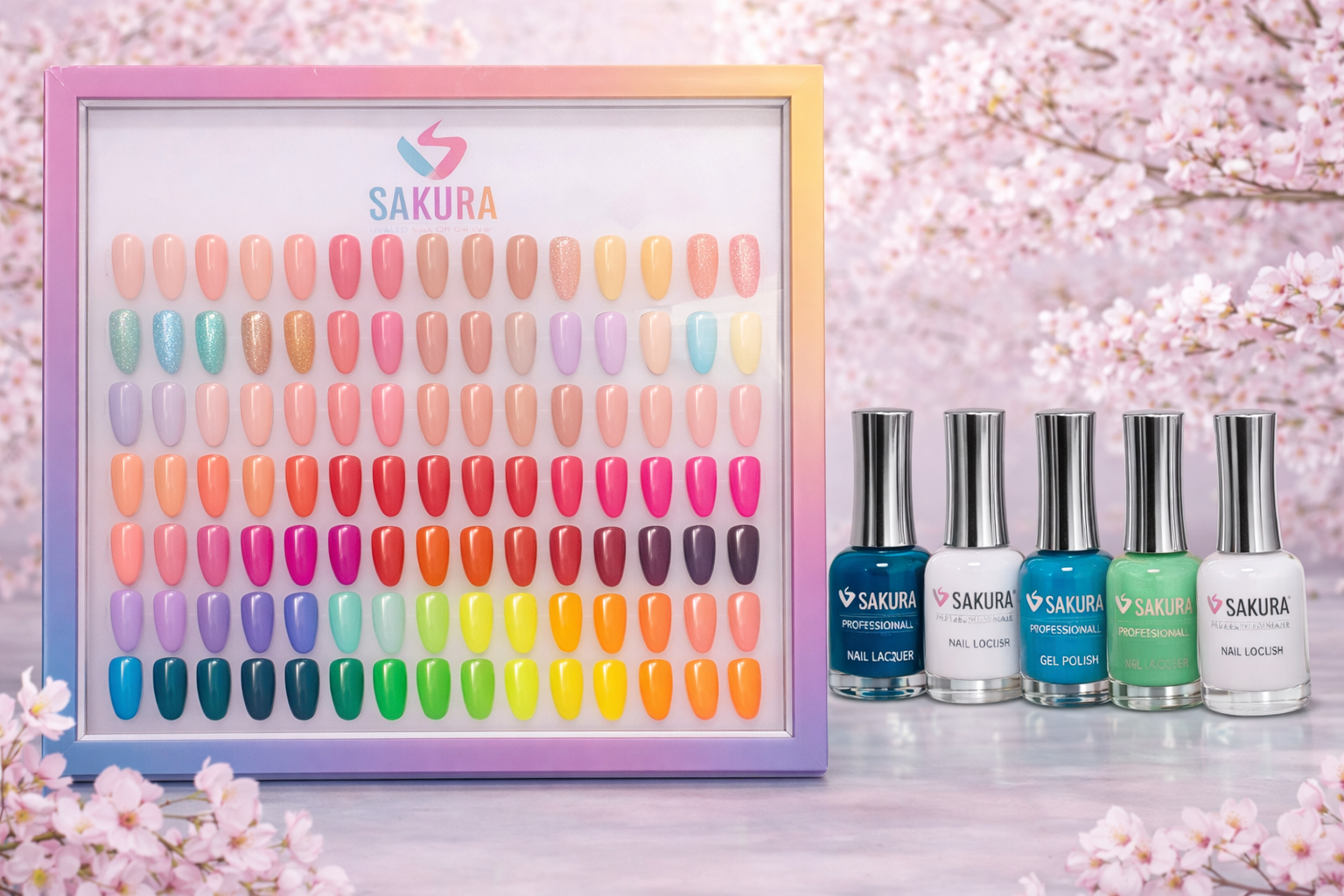 Display of colorful nail polish swatches with bottles of nail polish on a marble surface, pink cherry blossoms in the background, and the brand name 'Sakura' at the top.