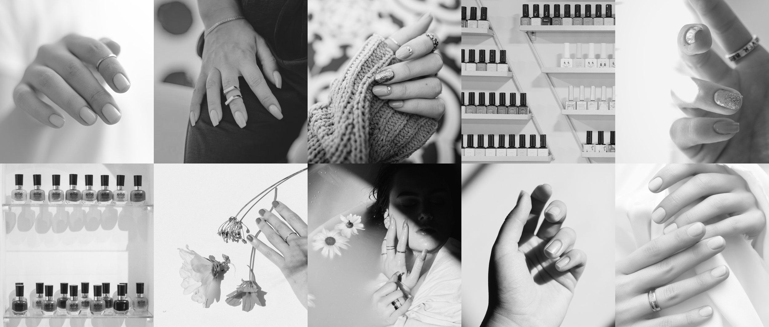 Collage of black and white images showing hands with manicured nails, nail polish bottles, and a woman underwater with flowers, showcasing nail art and beauty products.