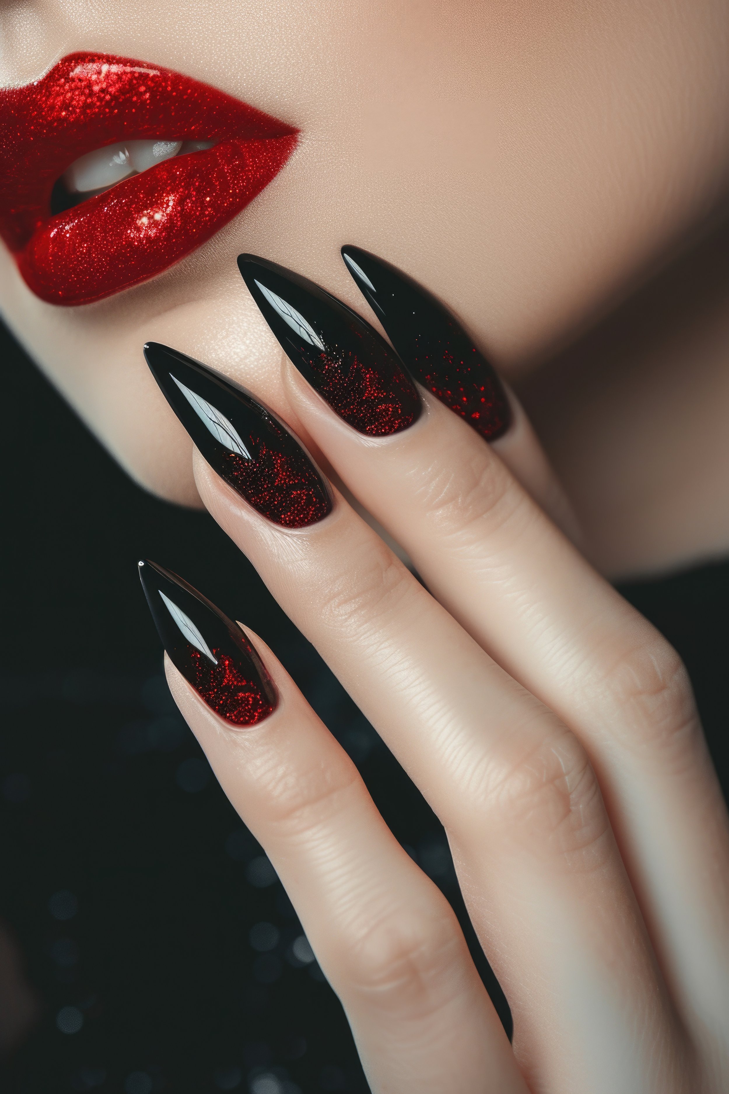 Close-up of a person's lips with red glittery lipstick and long, black and red glittery nails.