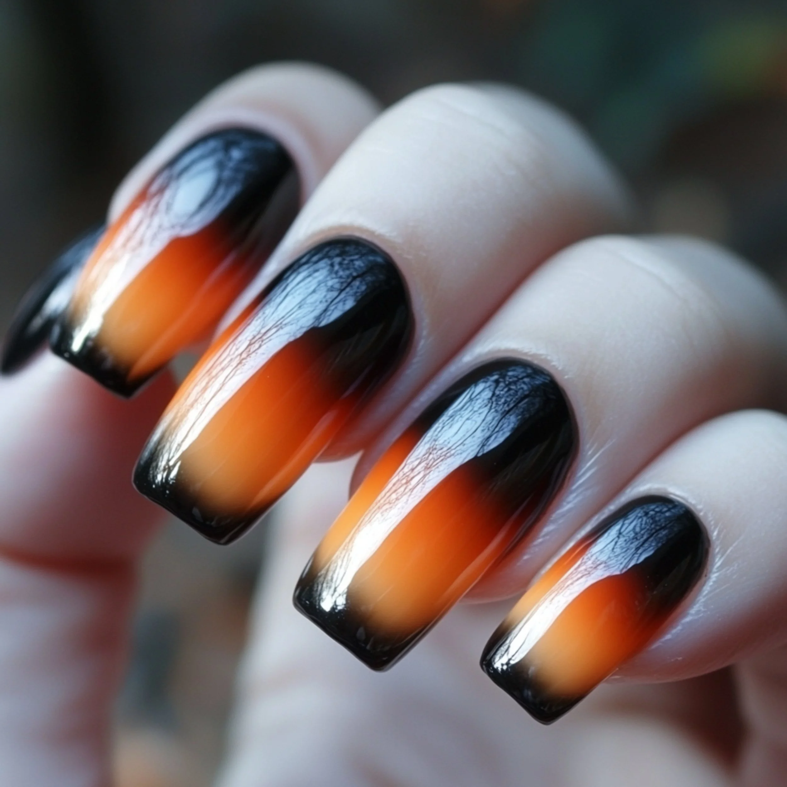 Close-up of a hand with long, oval-shaped nails painted in a black-to-orange ombre design.