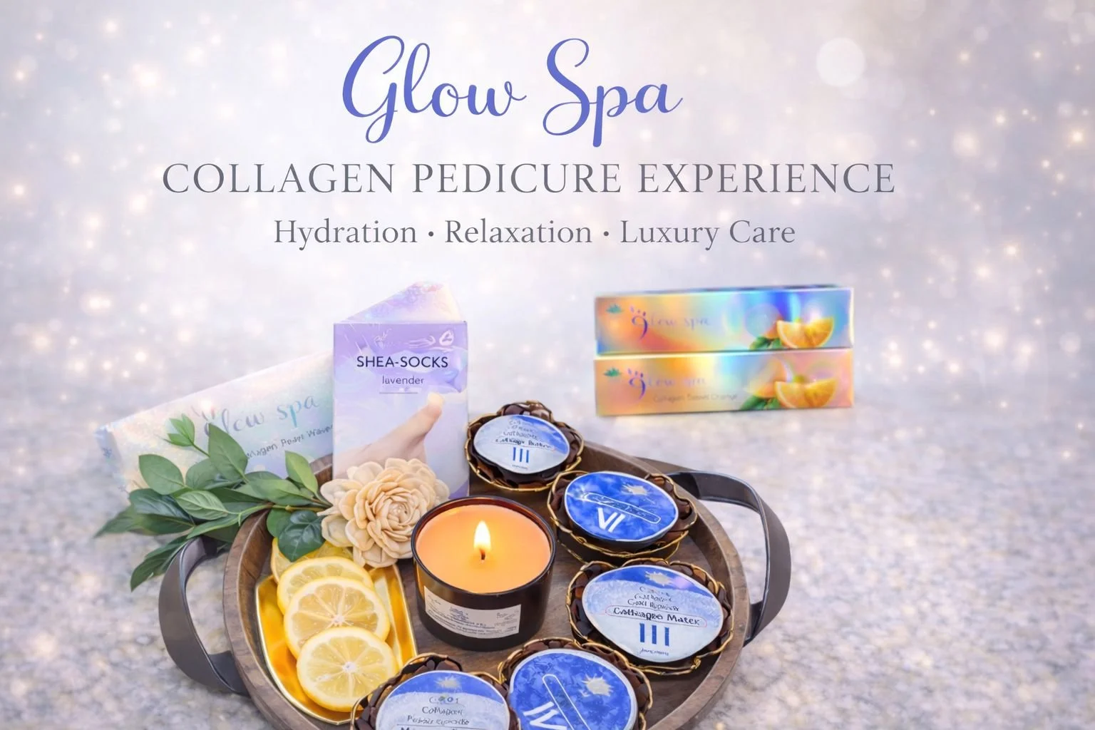 A promotional display for Glow Spa's collagen pedicure experience featuring candles, lemon slices, healing stones, and spa products on a tray with a glow-themed background.