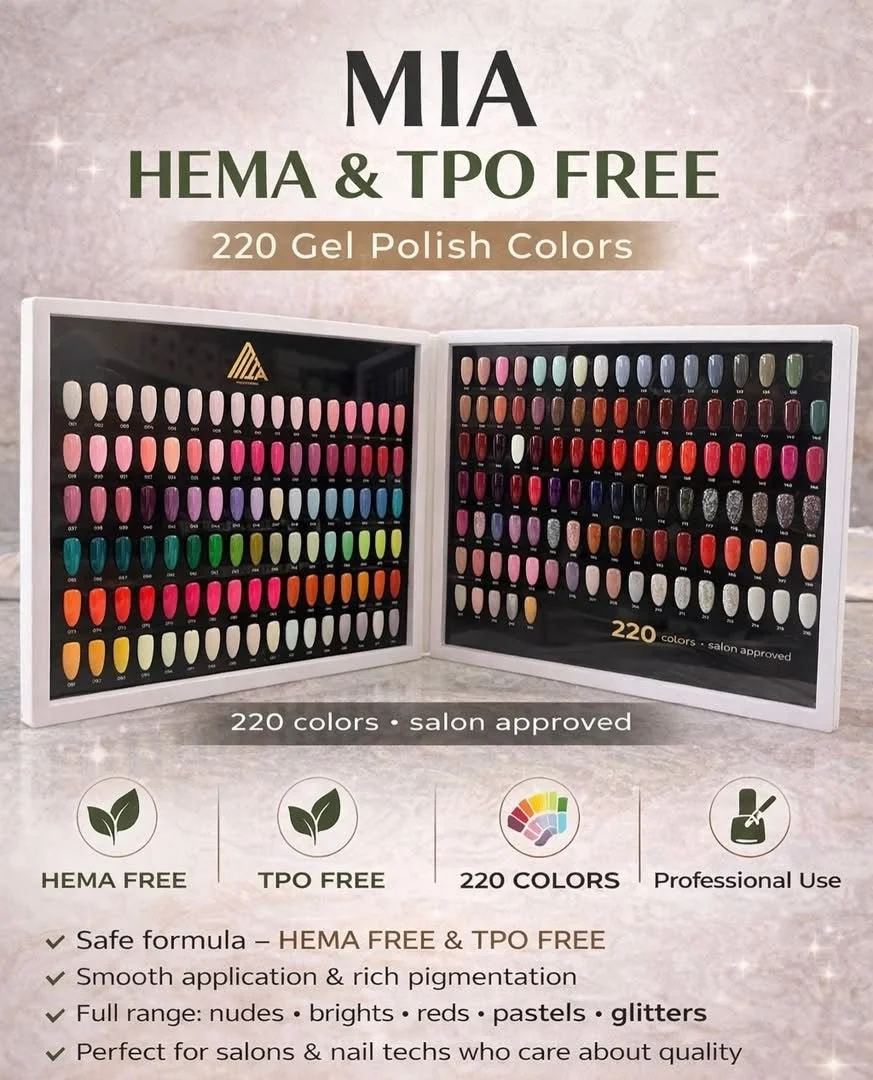A display of 220 gel nail polish colors in a salon-approved collection, with labels indicating that the polishes are free from HEMA and TPO. The background features a light pink and sparkly design, and the text highlights features like smooth application, a full range of colors including nudes, brights, reds, pastels, and glitters, and suitability for salon and nail tech use.
