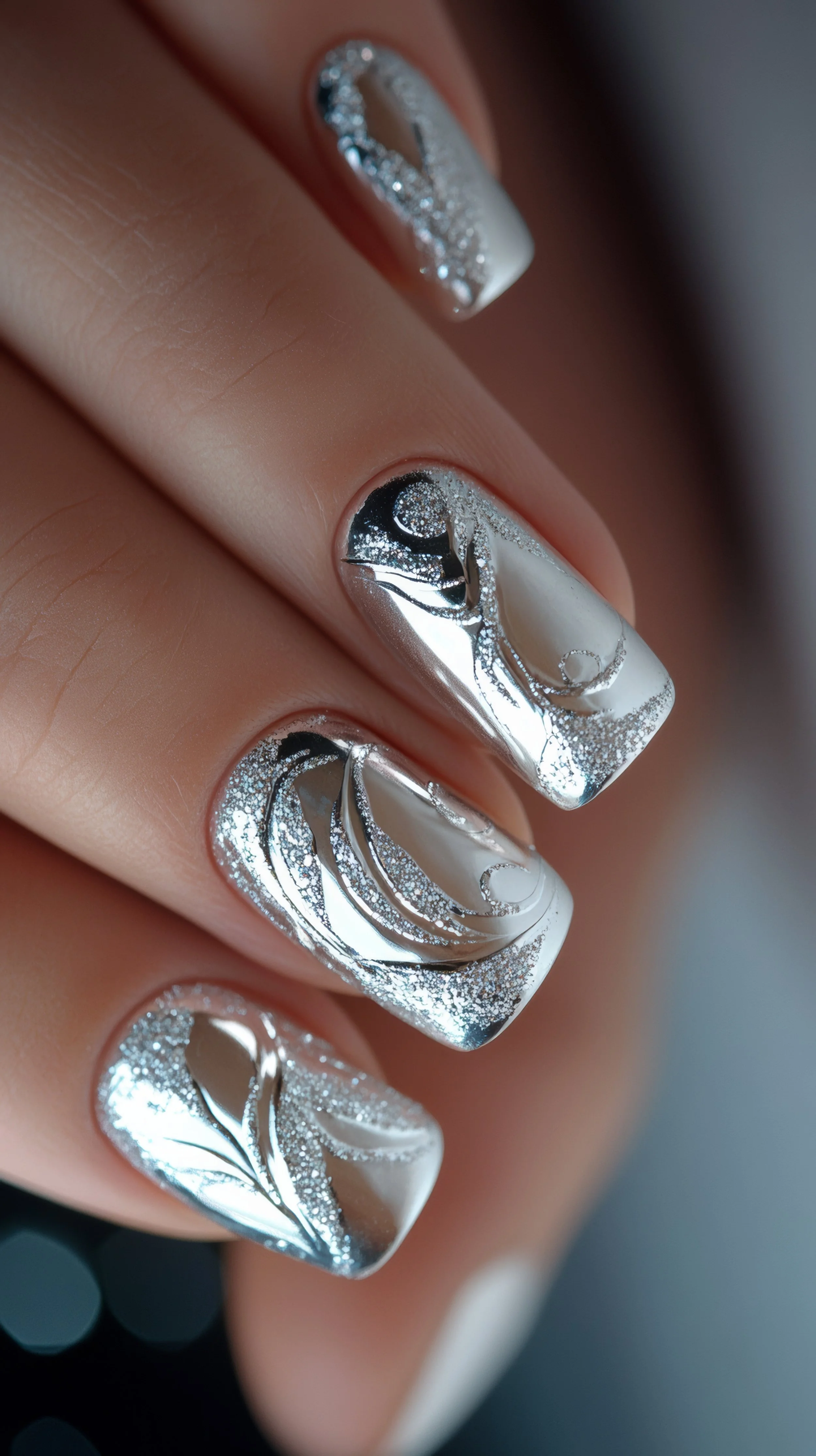 Close-up of decorated fingernails with silver, white, and glittery nail art featuring swirl patterns and glitter accents.