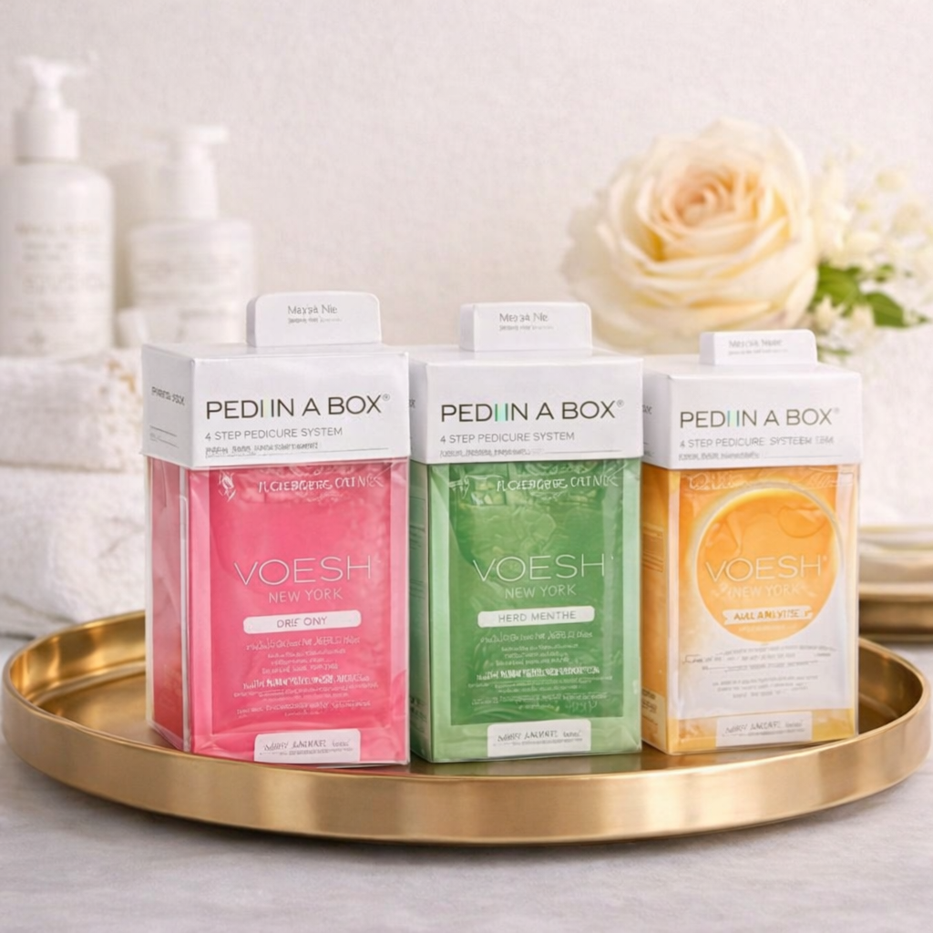 Three packages of Pedin a Box 4-step pedicure system on a gold tray, with pink, green, and orange packaging, in front of a white background with bottles and a flower in the background.
