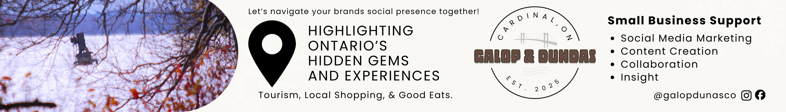 Banner promoting highlighting Ontario's hidden gems and experiences, featuring a snowy image of a person skateboarding on ice and a logo for Calop & Dundas, with details on small business support services and social media icons.
