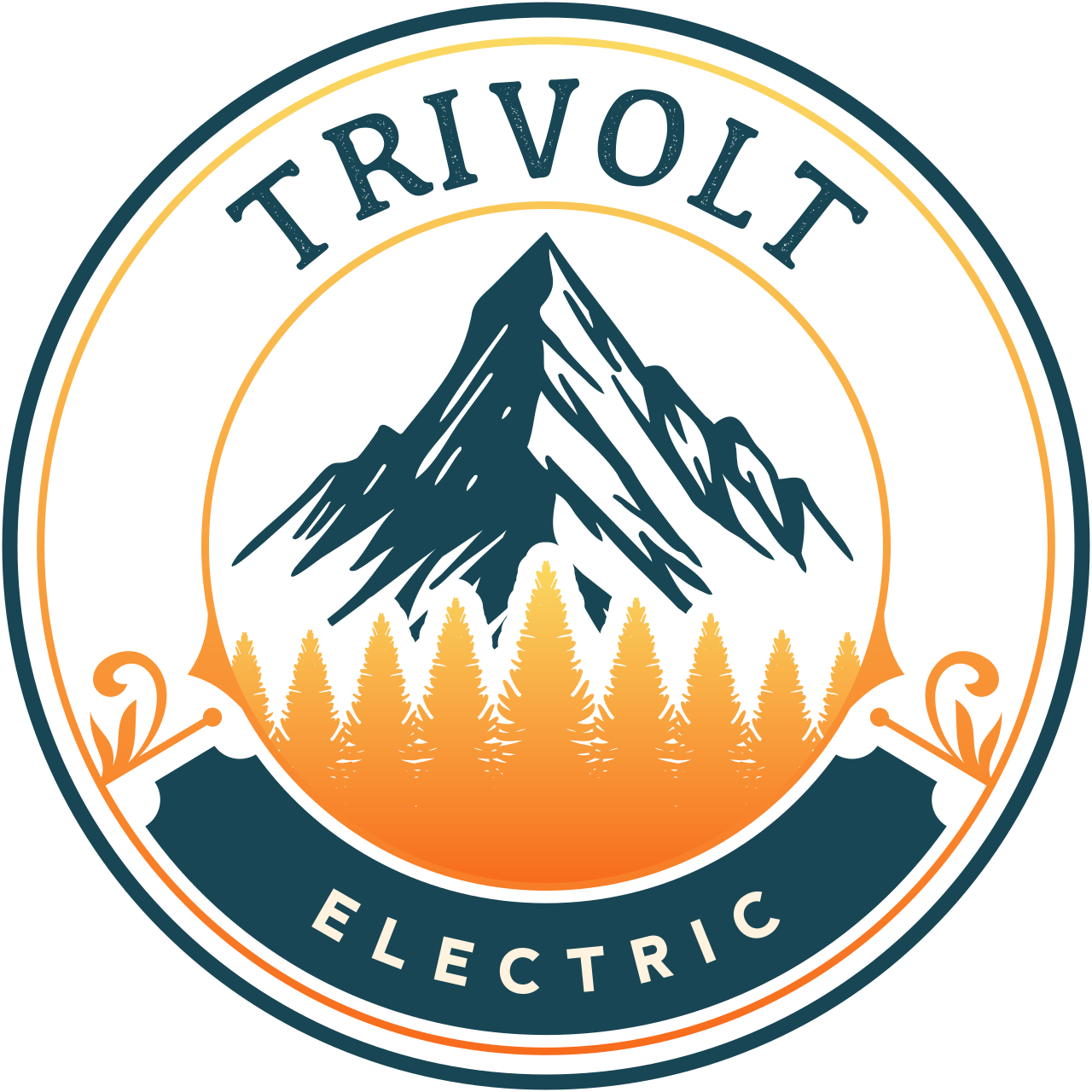 A circular logo with the text 'TRIVOLT' at the top and 'ELECTRIC' at the bottom. Inside the circle, a mountain with pine trees at the base is depicted with a sunset or sunrise background.
