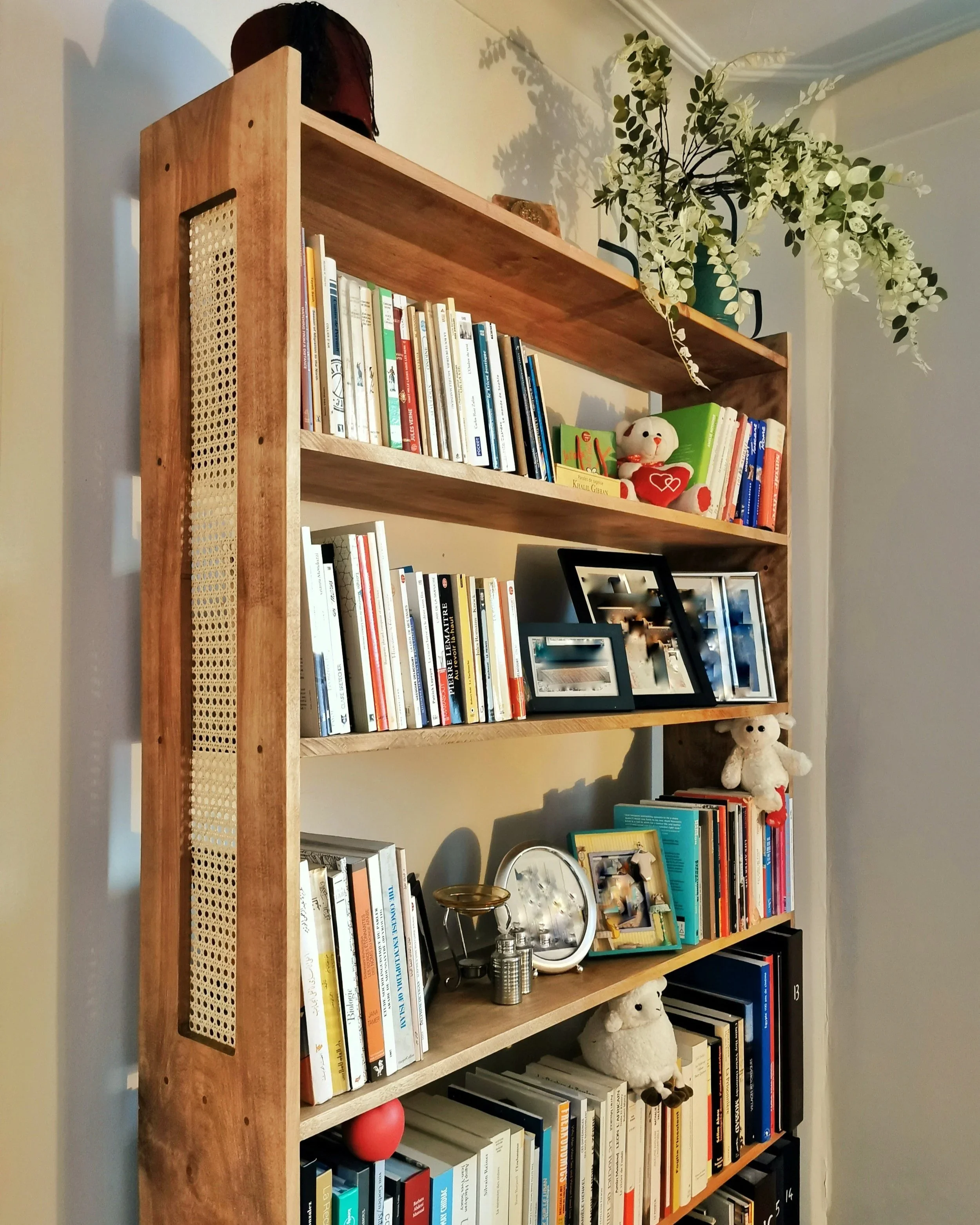 Wooden bookshelf filled with books, framed photos, and decorative items, topped with a plant on a white wall.