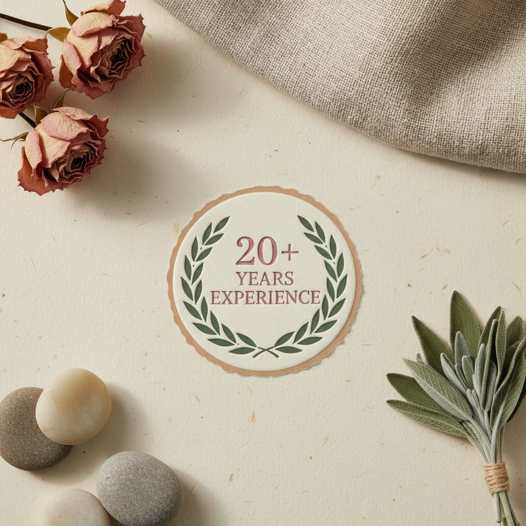 Decorative arrangement of dried pink roses, green leaves, and smooth stones on a beige surface with textured cloth in the background. Circular label indicating "20+ years experience" with a green laurel design.