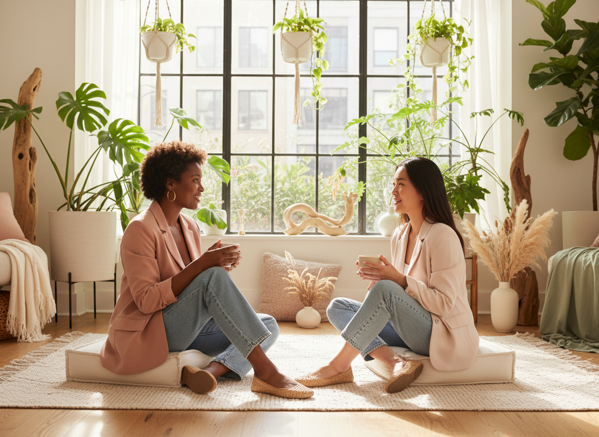 Two women sitting on a rug facing each other, smiling and holding cups, in a well-lit room with large window, lush green plants, and cozy decor.
