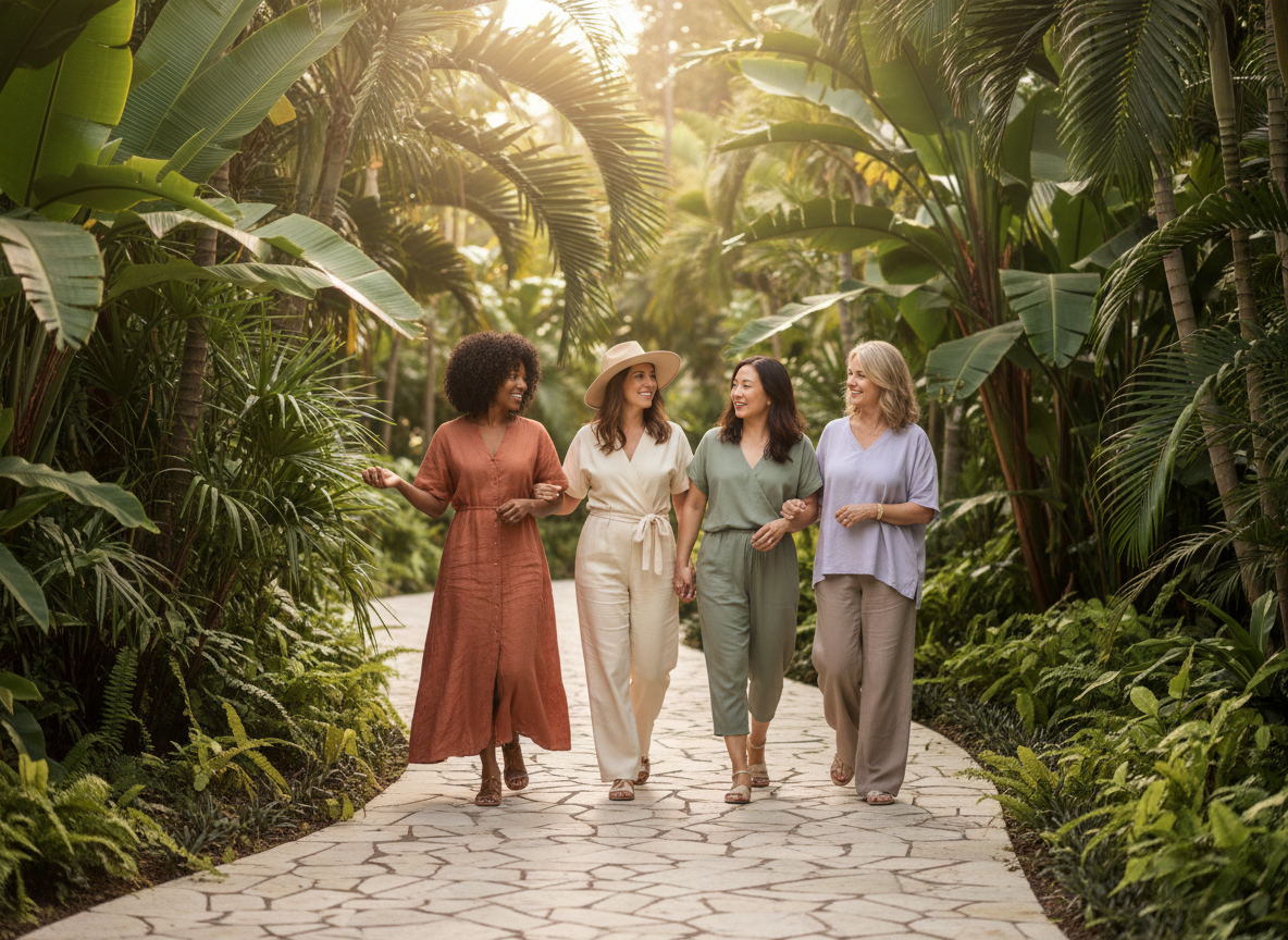 Four women walking and talking on a stone path through lush green tropical plants at sunset.