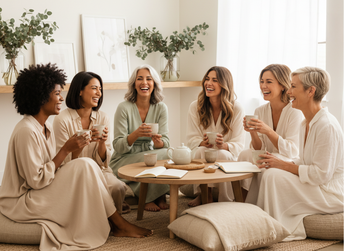 Seven women sitting on floor cushions around a wooden table, enjoying conversation with cups of tea or coffee in a cozy, well-lit room with white walls, green plants, and minimalist decor.