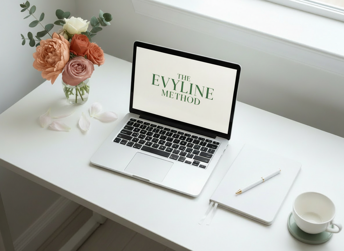 A white desk with a laptop displaying the text 'The Evyline Method,' a notebook and pen, a floral arrangement, a cup and saucer, and a few flower petals.