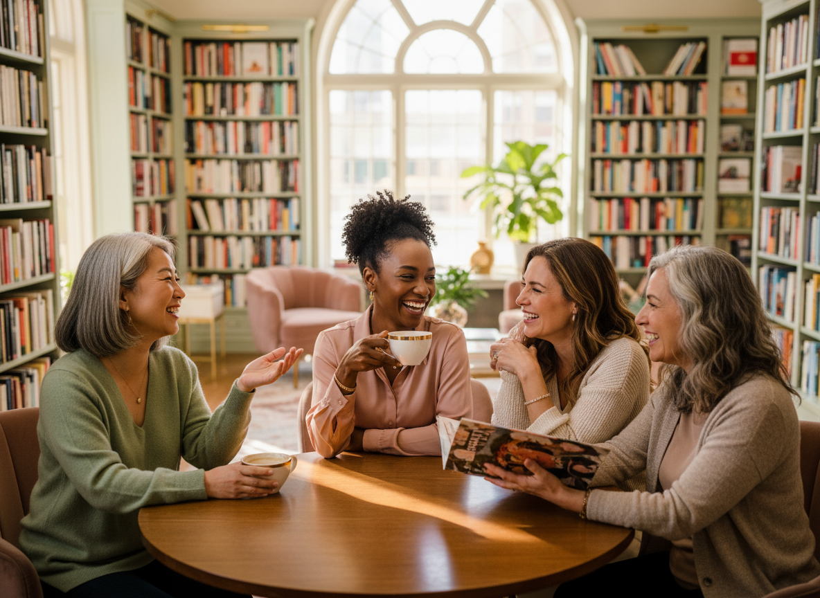 Four women sitting at a round wooden table in a cozy, well-lit library, enjoying a conversation and laughing, with bookshelves and a large window with a plant in the background.