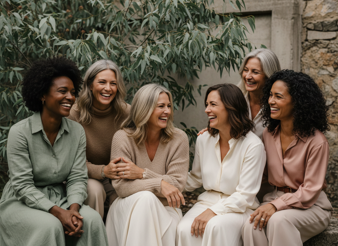 Seven women of diverse ethnicities sitting outdoors, laughing and enjoying each other's company.