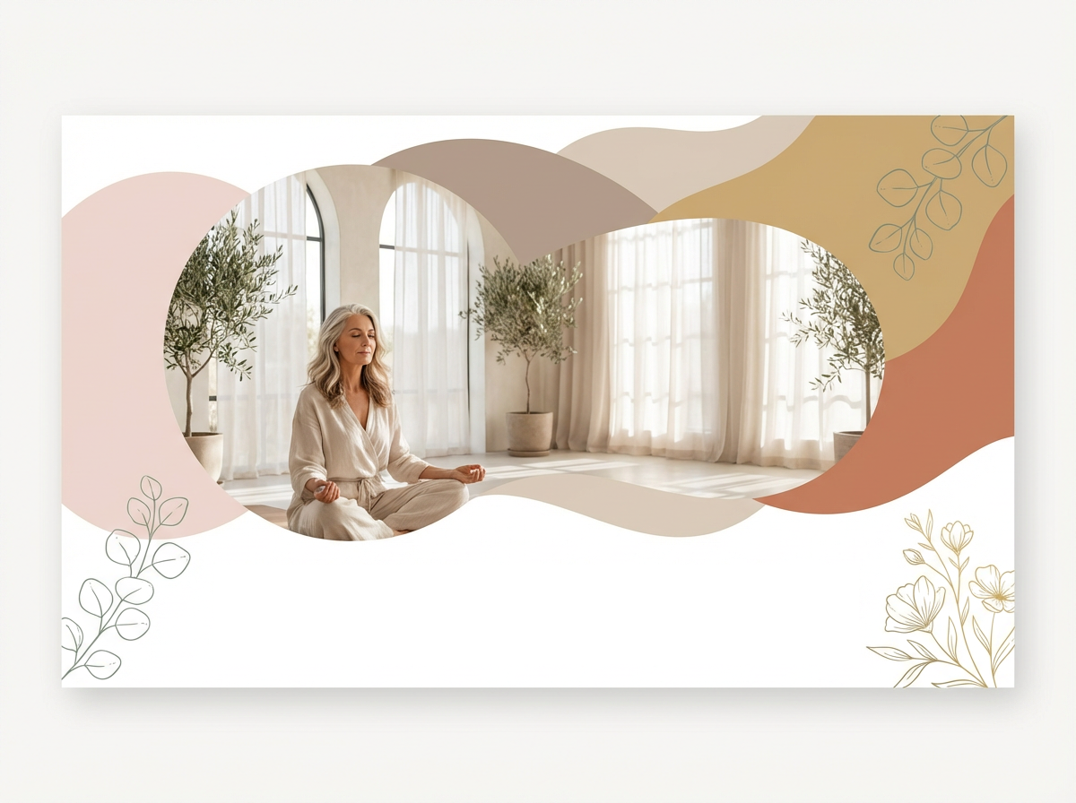 A woman meditating in a bright room with large windows and potted plants, surrounded by abstract pastel-colored shapes and floral line drawings.