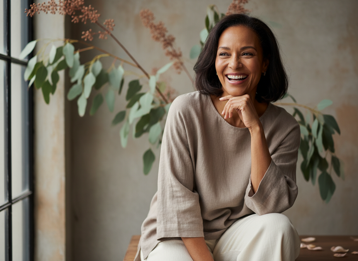 A woman with shoulder-length dark hair, wearing a beige top, smiling and sitting indoors near a window with a plant in the background.