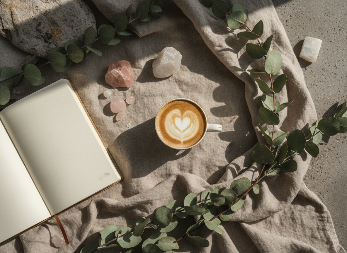 A top-down view of a flat lay arrangement with a blank notebook, a latte with heart-shaped foam art, several crystals, and green eucalyptus leaves on a beige fabric and concrete surface.