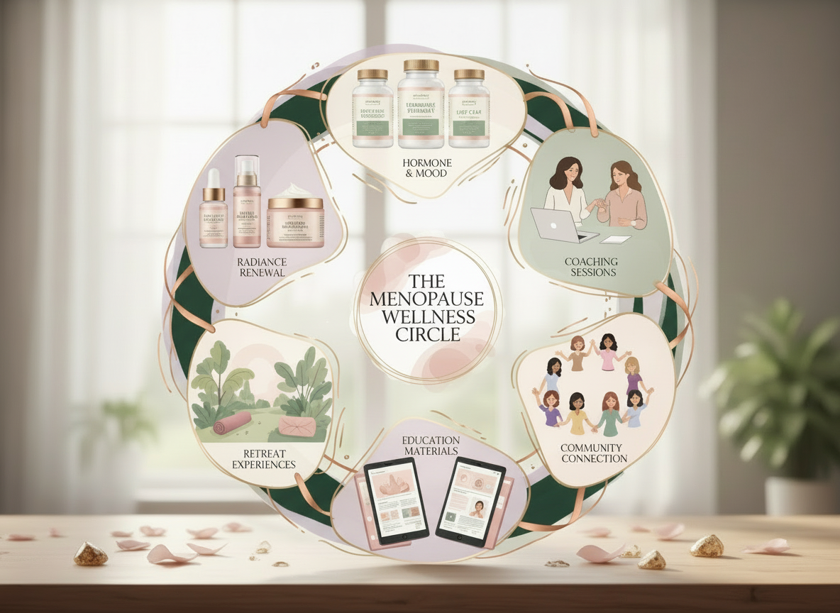 Diagram titled 'The Menopause Wellness Circle' with six interconnected sections: Hormone & Mood, Coaching Sessions, Community Connection, Education Materials, Retreat Experiences, and Radiance Renewal. The circle displays images representing each section including supplements, coaching, group members, digital content, and wellness products.