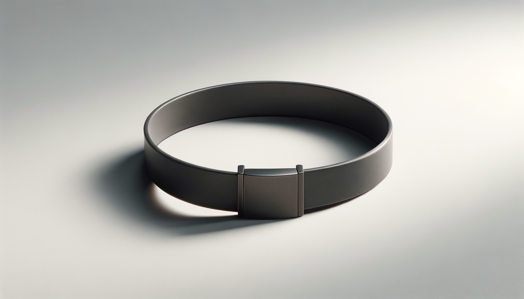 A black leather belt with a metallic buckle on a light surface.