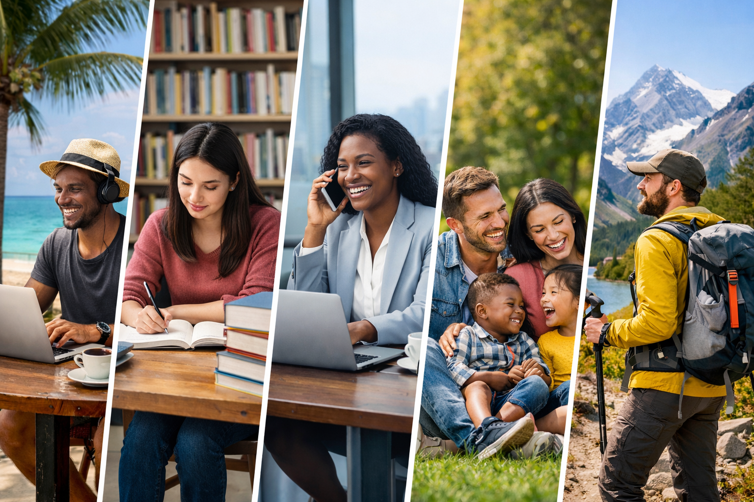A collage of five photographs depicting different people engaged in various activities such as working on a laptop by a beach, studying with books, talking on the phone at a desk, enjoying a family outdoor moment, and hiking in a mountainous area.