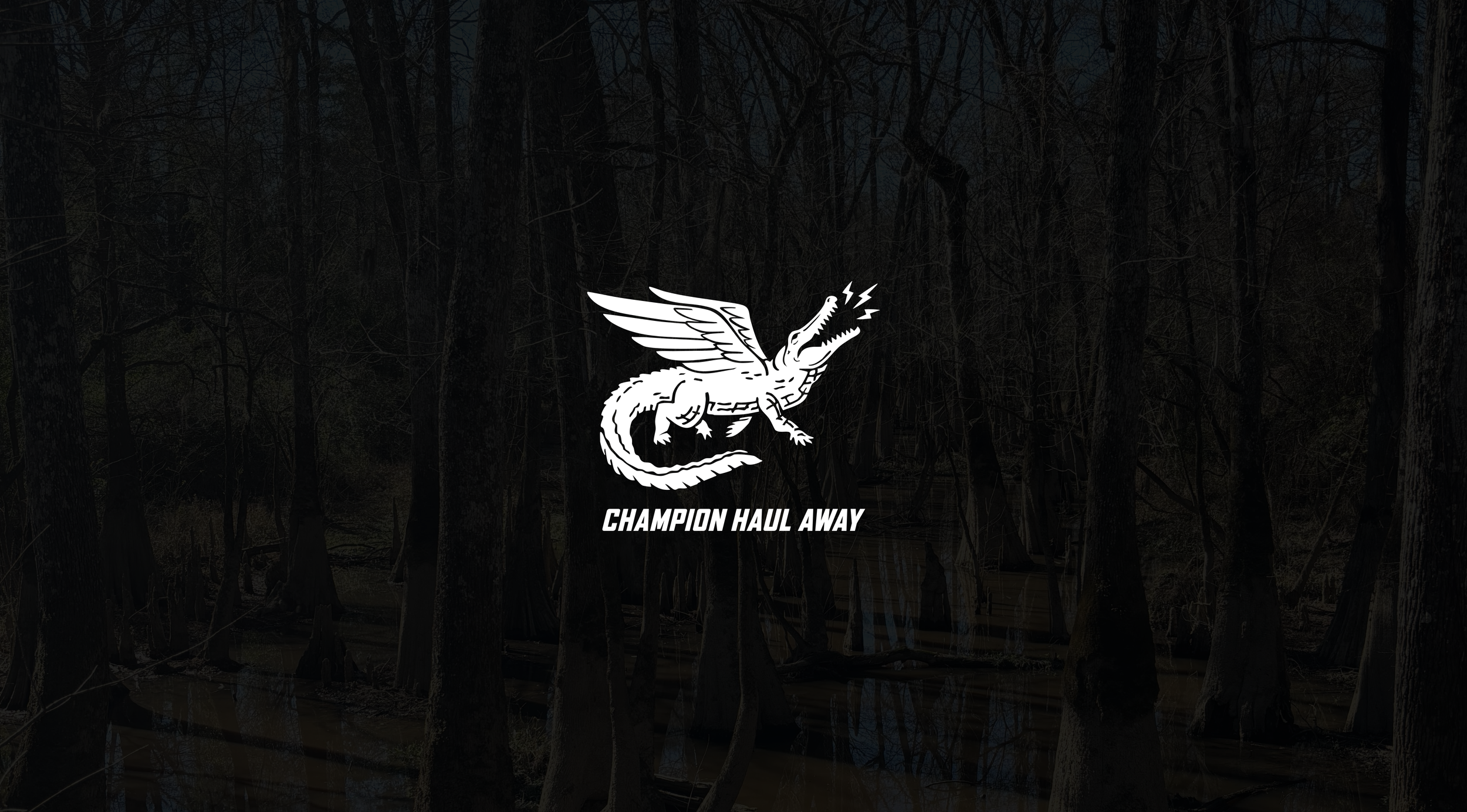 A dark swamp forest with leafless trees and water, featuring a white cartoon-style dragon with wings, emitting lightning from its mouth, and text that reads "Champion Haul Away". local junk removal near me