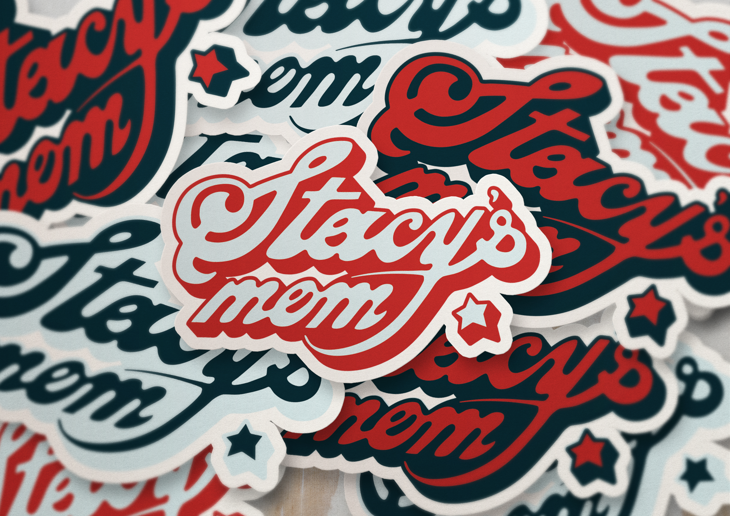Pile of stickers showing the word-mark "Stacy's Mom"
