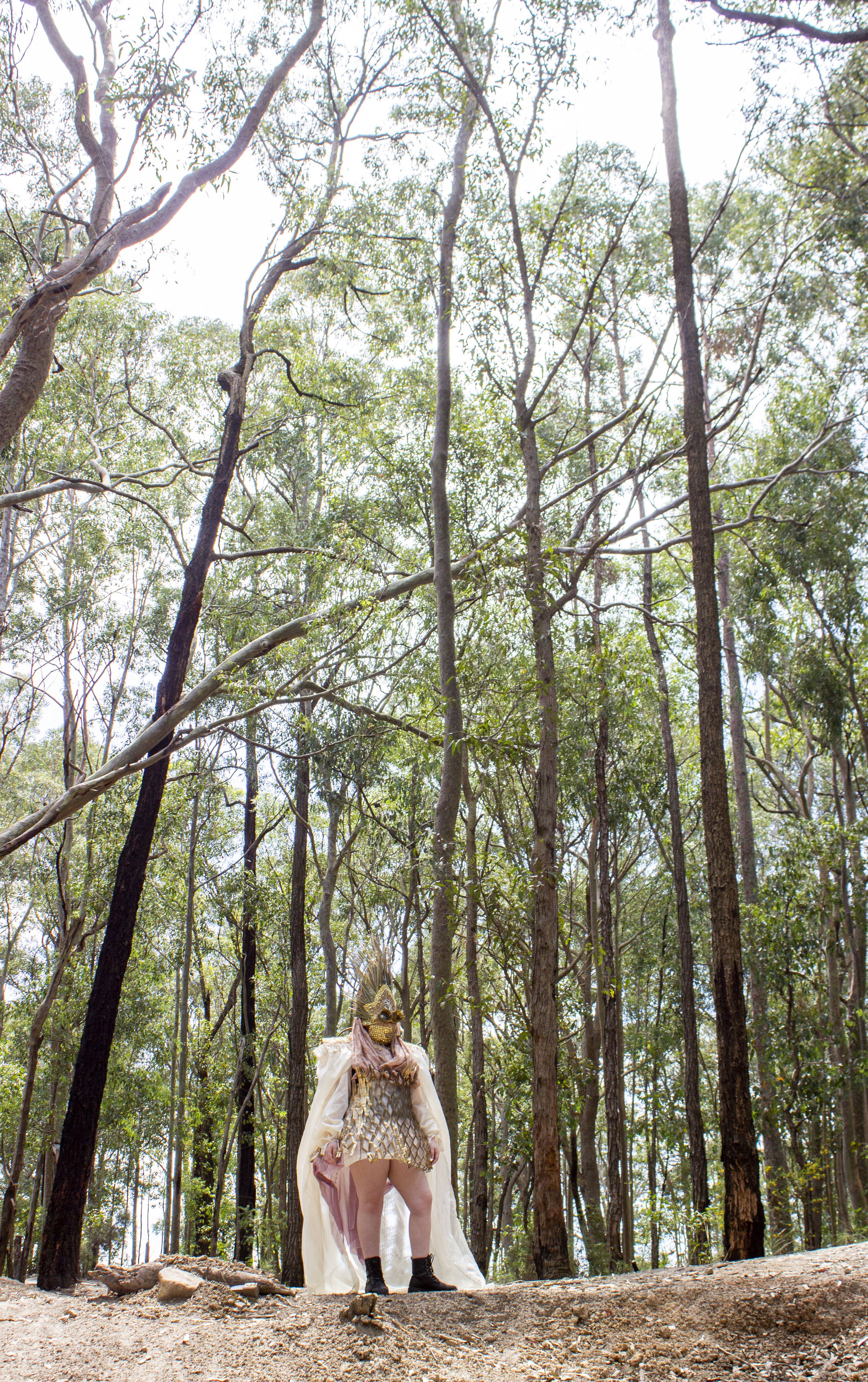 'Desert Queen Warrior' 2021.
Mixed media repurposed wearable 
sculpture. Featuring second hand fabrics, cardboard packaging, 
push pins, spaghetti, fashion accessories and zip ties.
Headpiece featured in Festival X, WattSpace Gallery UoN.
Model: Jana