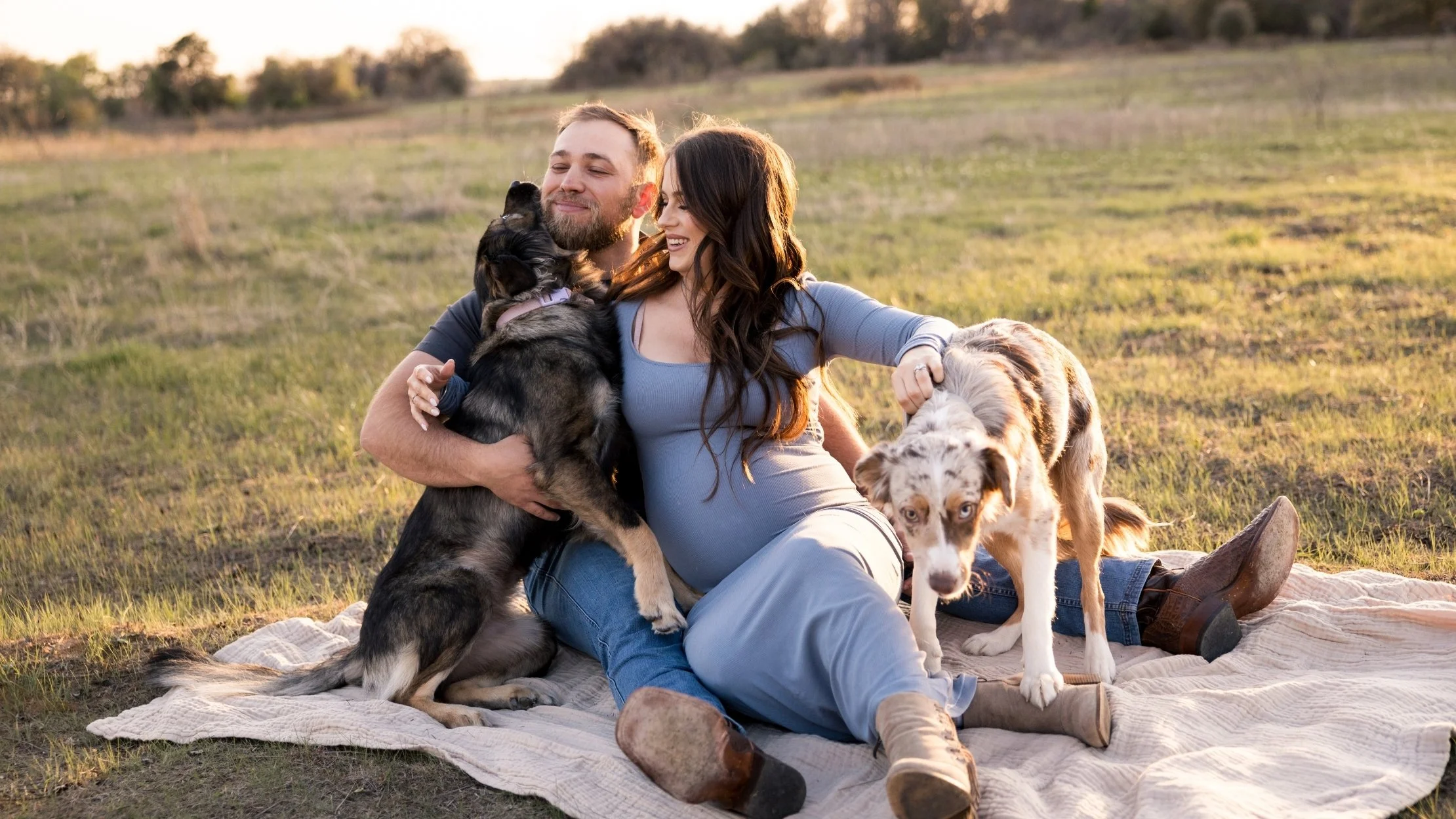 A man and pregnant woman sitting on a blanket in a field, hugging and playing with two puppies during sunset.