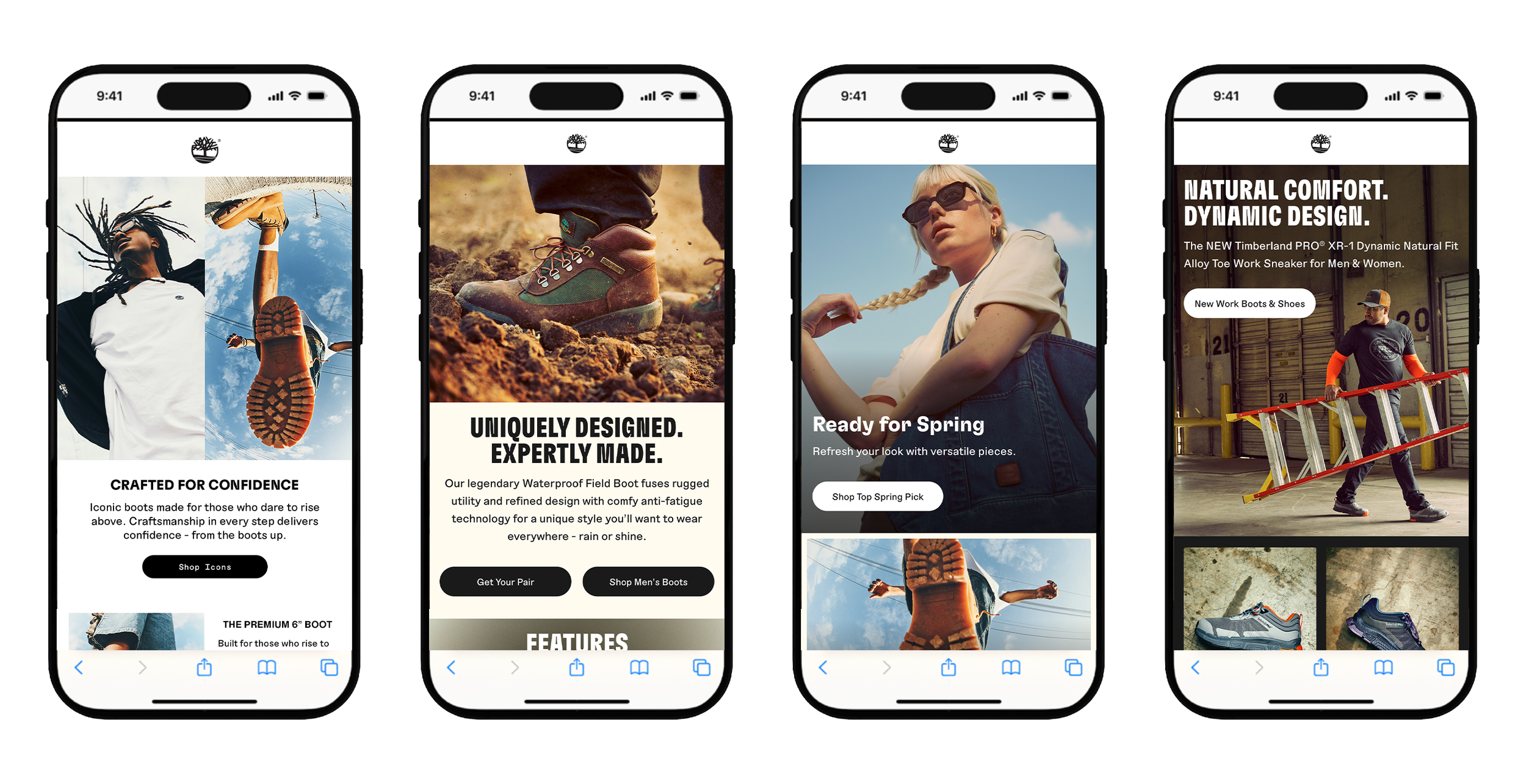 Four smartphone screens displaying Timberland footwear and apparel advertisements. The first screen features a model wearing boots and holding a bag, with the text "Crafted for Confidence". The second shows a close-up of rugged waterproof boots with the text "Uniquely Designed. Expertly Made." The third displays a woman in sunglasses with braided hair, text "Ready for Spring," and a button to shop spring shoes. The fourth highlights a man lifting a ladder, with bold text "Natural Comfort. Dynamic Design," and images of outdoor shoes below.