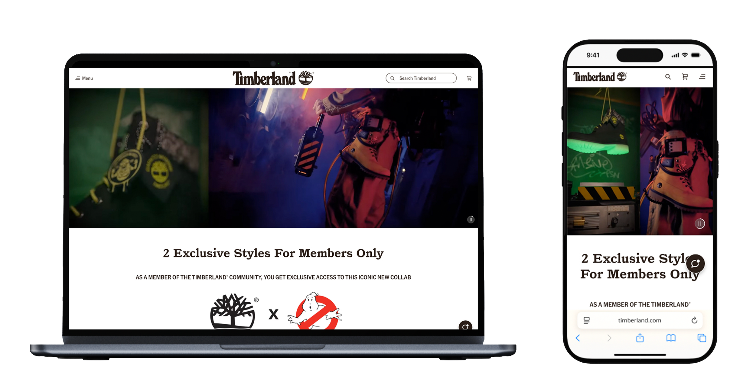 Screenshot of the Timberland website open on a laptop and a smartphone, featuring a promotion for exclusive member-only access to the Timberland X Ghostbusters collaboration