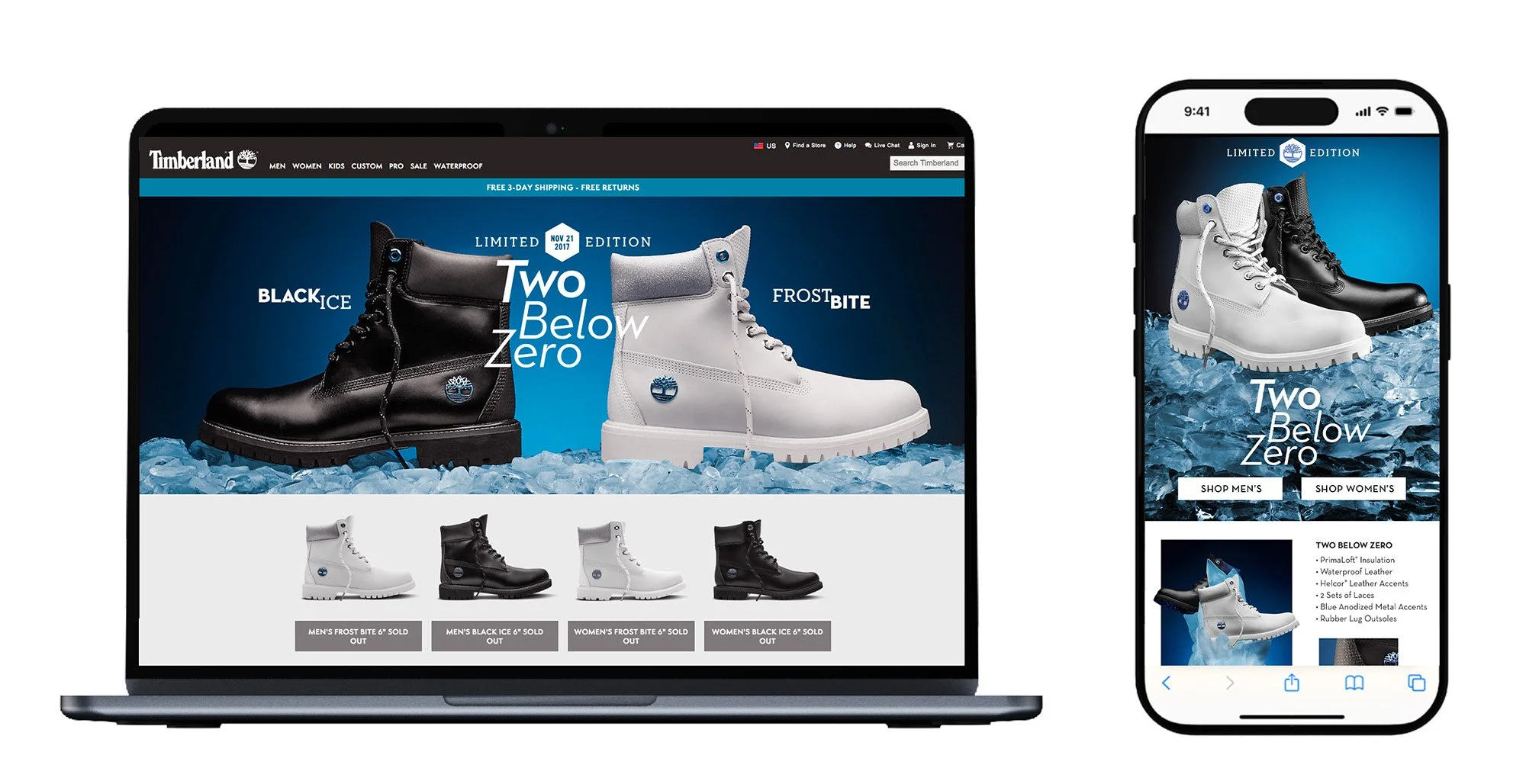 Promotional display of Timberland boots called 'Two Below Zero' in black and white, with a background of ice and snow, shown on laptop and smartphone screens.