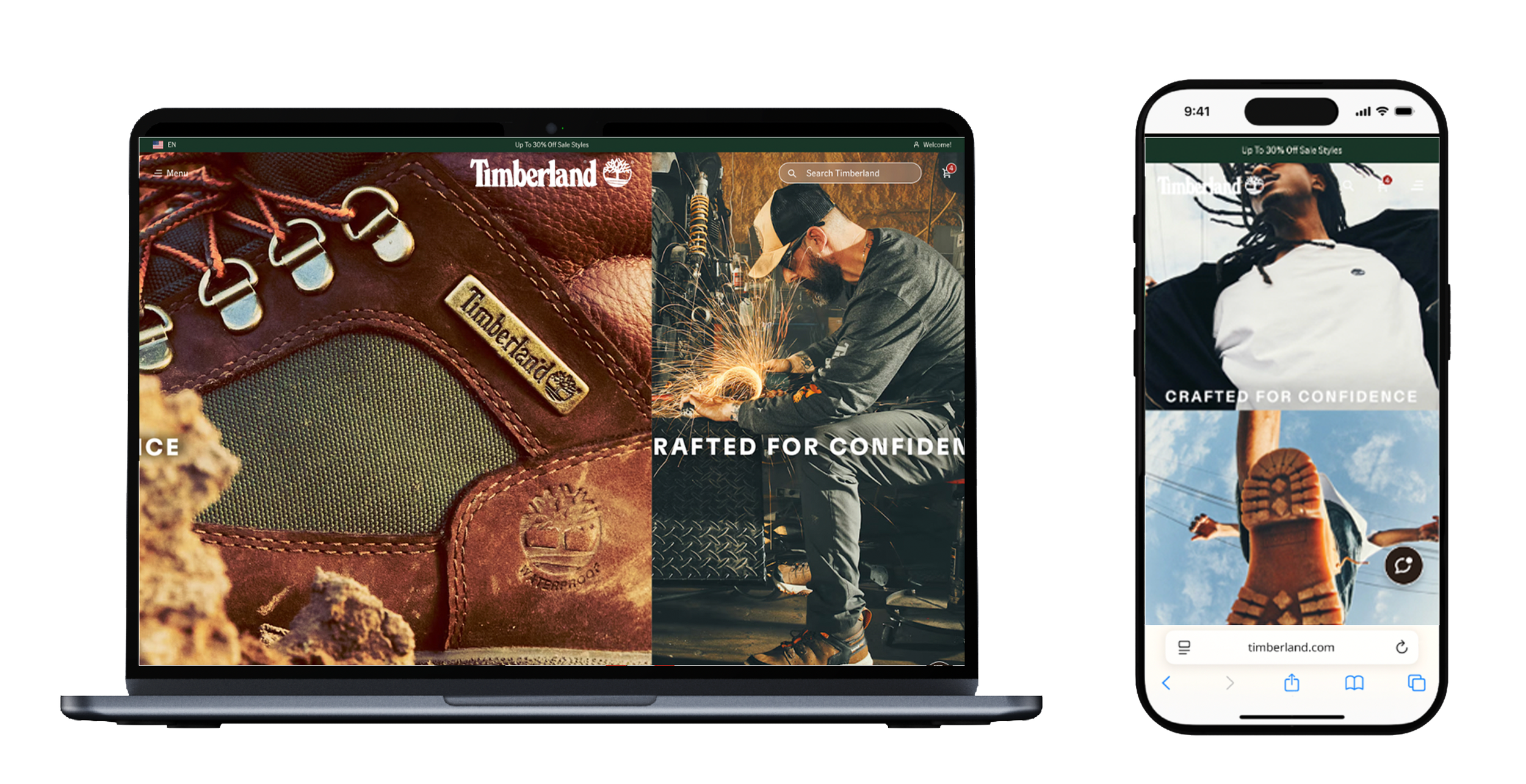 Laptop displaying Timberland website with close-up of a brown Field Boot and a worker welding a motorcycle. Smartphone showing Timberland website with a person outside in a white and black jacket from a low angle.