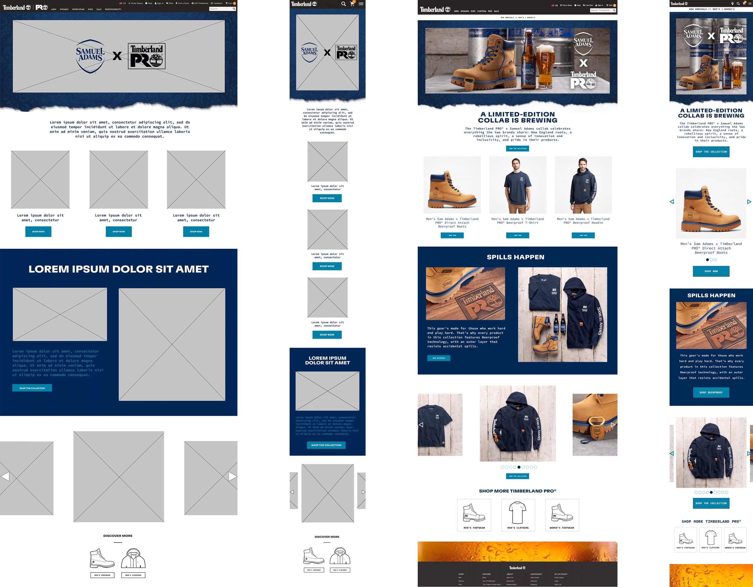 Site map and final webpage design showcasing Timberland X Samuel Adams collaboration with images of Timberland boots, beverages, clothing, and accessories, including product descriptions and purchase buttons.