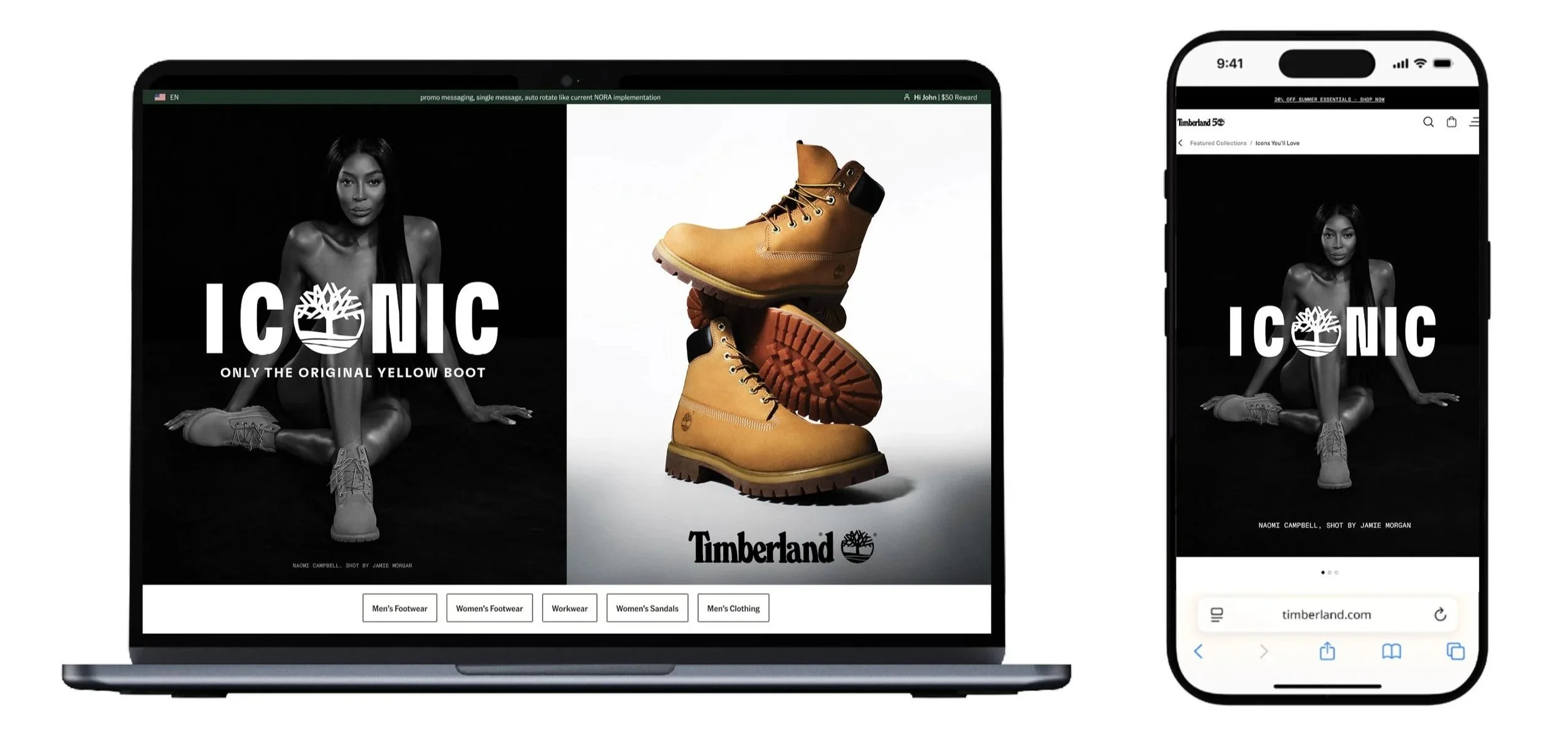 Laptop and smartphone displaying Timberland footwear advertisement featuring Naomi Campbell sitting with crossed legs, wearing Timberland boots, with the headline "ICONIC - ONLY THE ORIGINAL YELLOW BOOT" and showing stacked yellow Timberland boots.