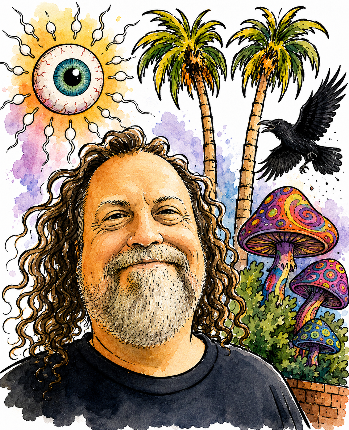 A colorful cartoon-style portrait of a joyful man with long, curly hair and a beard, set against a whimsical background featuring three tall palm trees, a large eyeball with electric nerve-like lines, a black crow, and colorful mushrooms with swirly patterns.