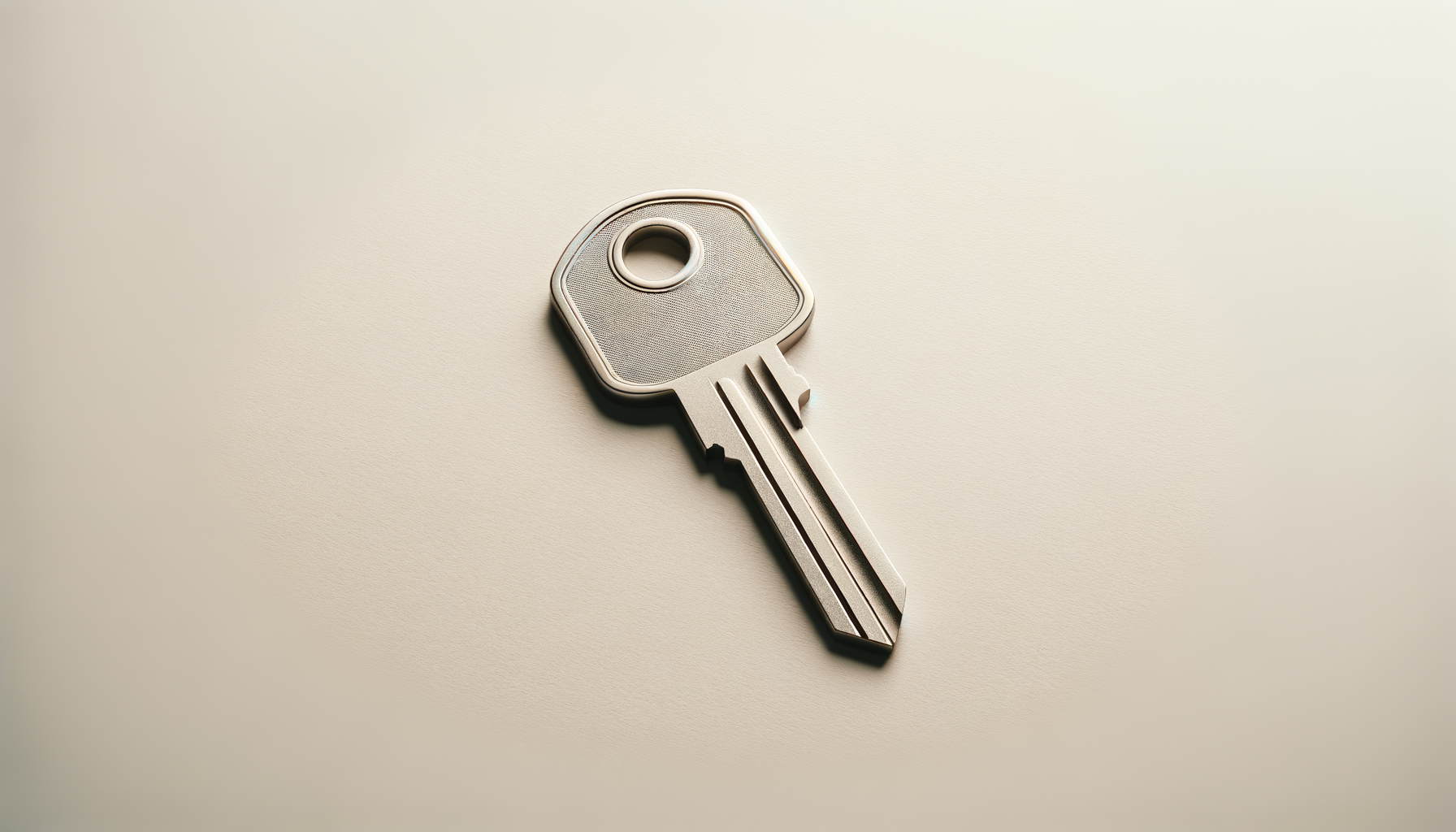 A silver house key resting on a plain, light-colored surface.