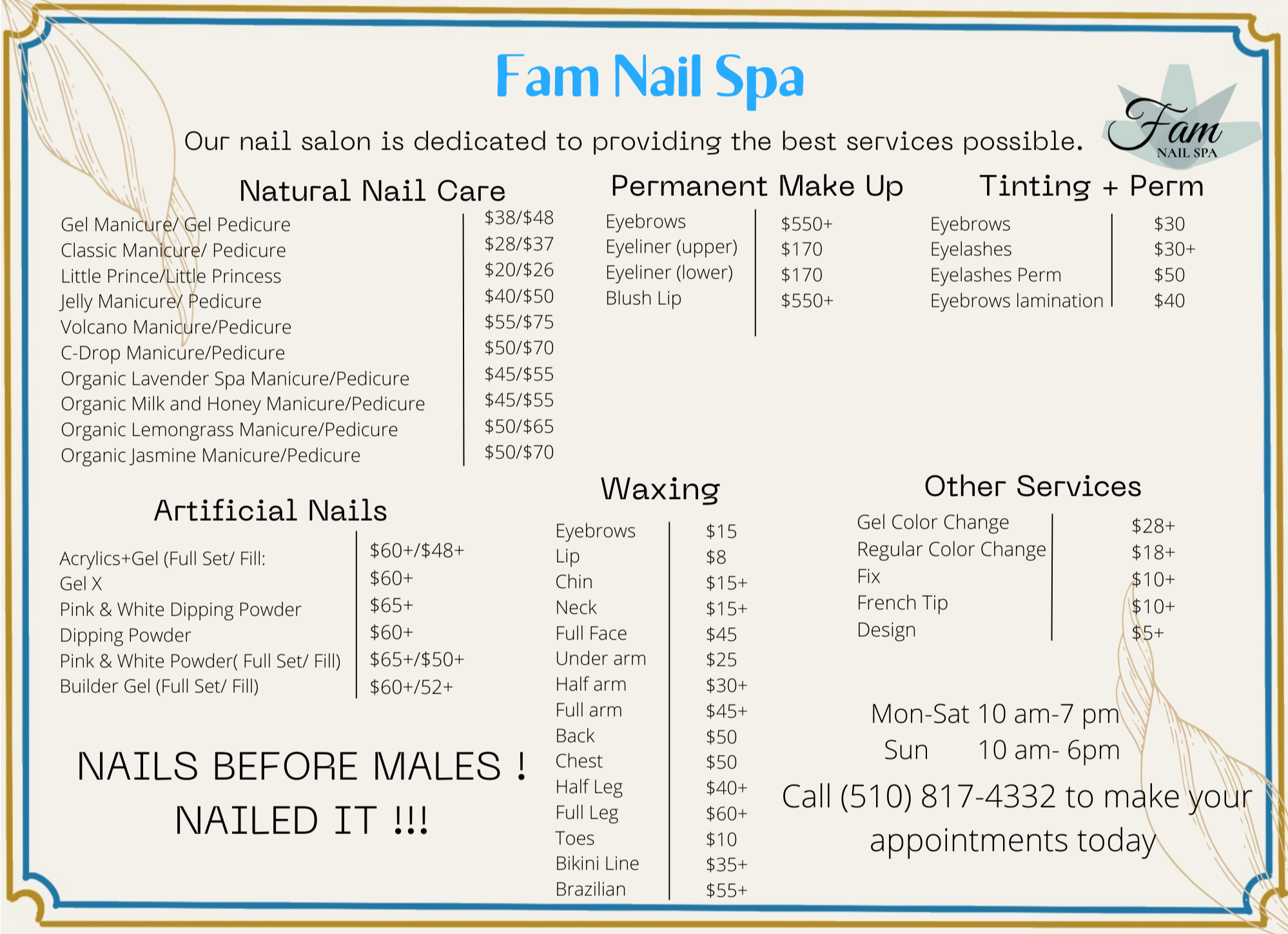 Menu for Fam Nail Spa, including services such as natural nail care, permanent makeup, tinting and perm, artificial nails, waxing, and other services, with prices listed for each.