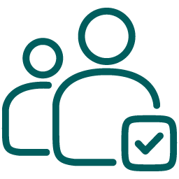 Two stylized human figures with a checkmark in a box, symbolizing verified users or approved members.