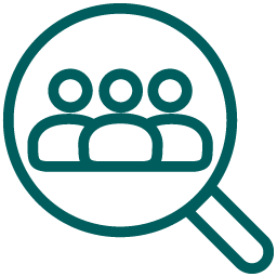 Icon of a magnifying glass focusing on three people