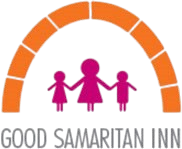 Good Samaritan Inn Logo. Above the words Good Samaritan Inn there are three figures in magenta including one adult feminine figure and two children figures above that is an orange semi circle making a rainbow crescent above the figures.
