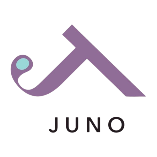 Juno logo. Large letter J in purple with green dot at in the middle of the end of the J with the word Juno underneath. the 
