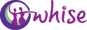 Logo of Women's Health in the South East (WHISE). Logo has the outline of two feminine figures in a  circle with the arm of one of the figures extending into the w of the word WHISE