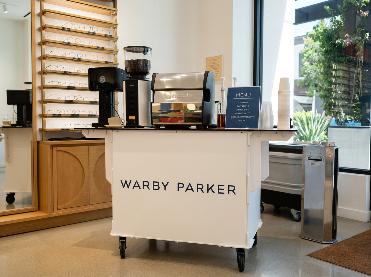 Coffee bar with espresso machine, coffee grinder, cups, and a menu board that says Warby Parker, next to a large window with greenery outside.