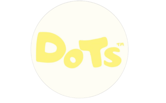 Yellow text spelling 'Dots' on a white background.