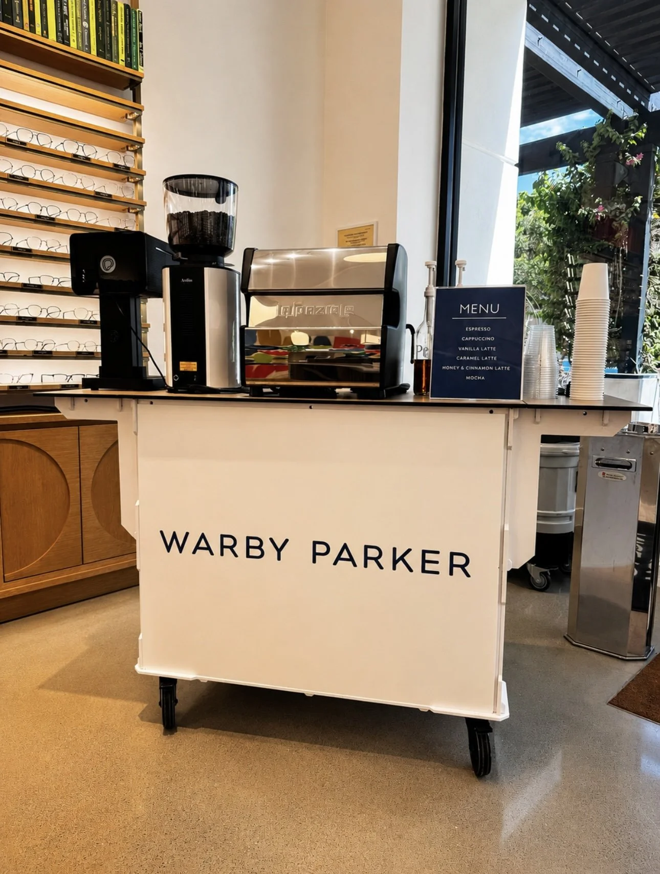 Our Coffee Cart fully customized to Warby Parker for a brand activation event we did for them in Scottsdale.