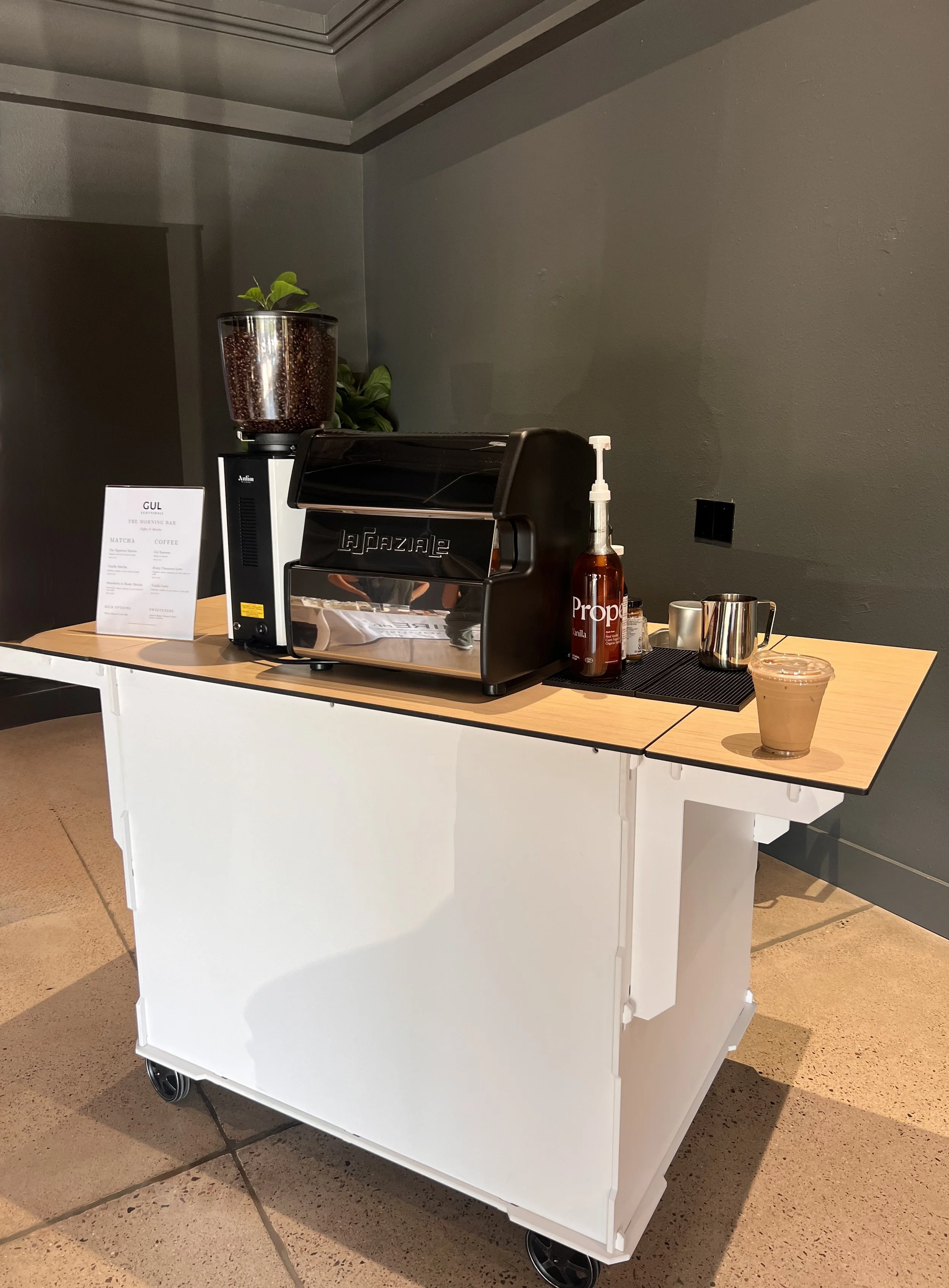 Rejuvenation Coffee Cart Set Up with no branding for a luxury car dealership event in Scottsdale with a custom menu.
