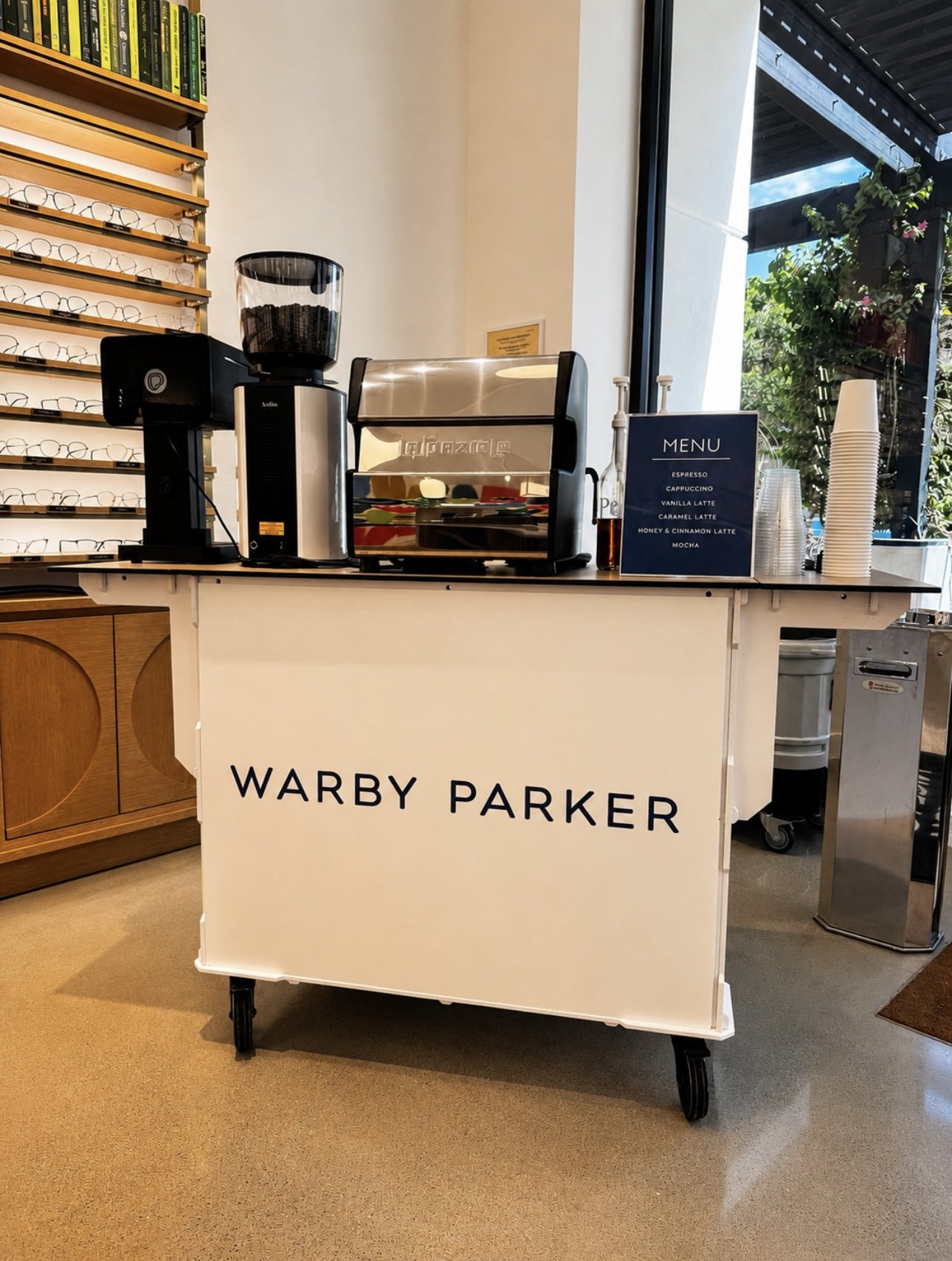 Our Coffee Cart fully customized to Warby Parker for a brand activation event we did for them in Scottsdale.