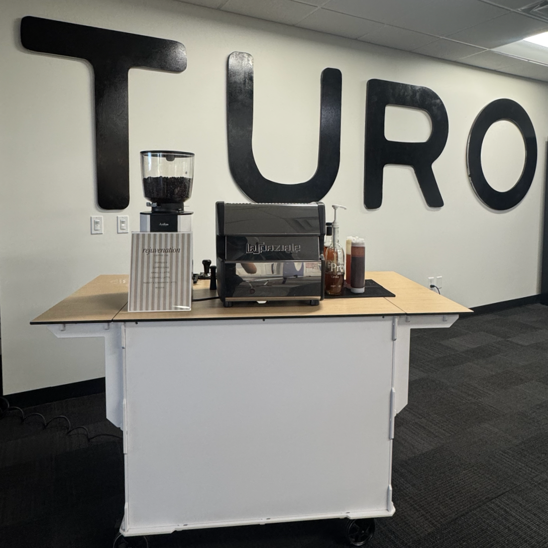Professional Coffee Cart set up for a corporate event at Turo.