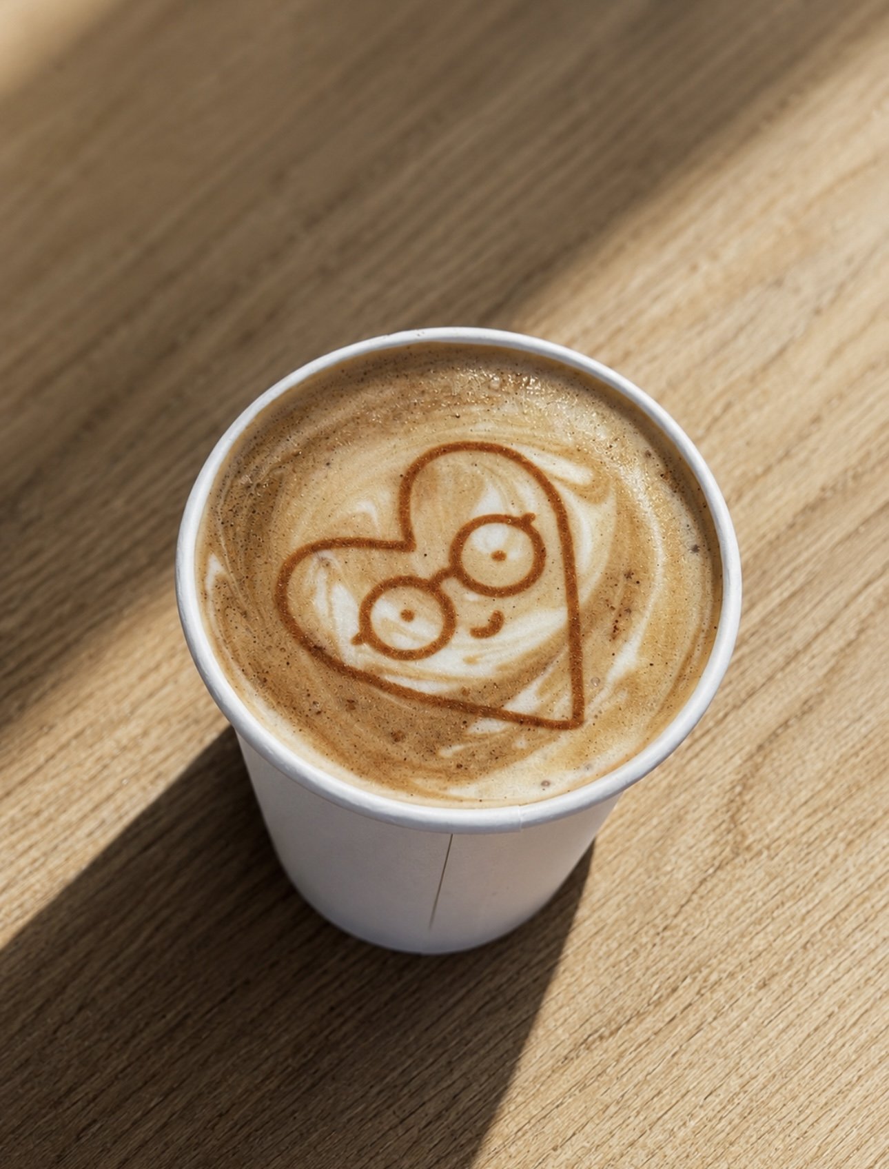 A cup of coffee with latte art depicting a cute face with glasses inside a heart shape on top.
