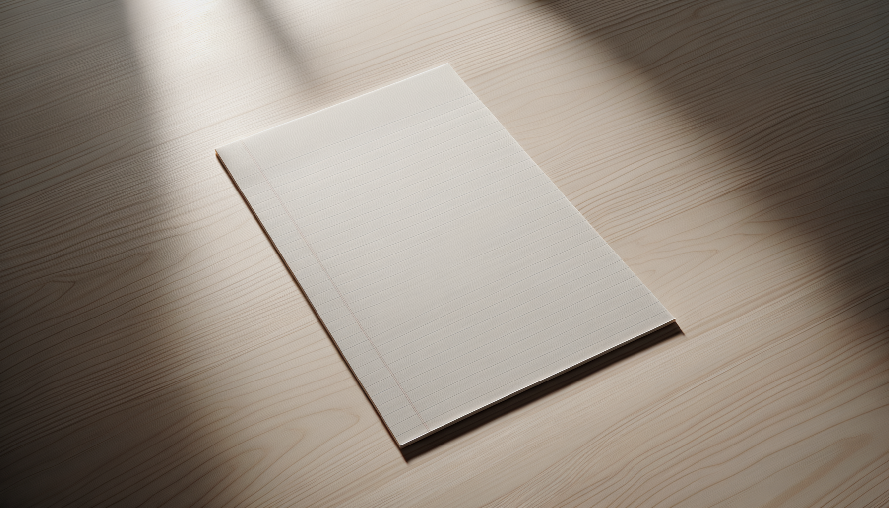 A blank, white, lined notebook resting on a light wooden surface, with shadows cast from the upper left.